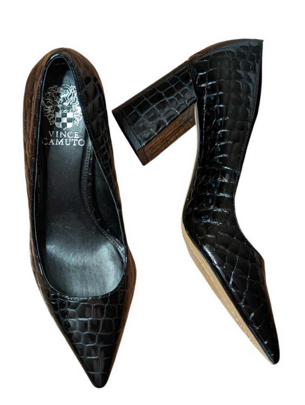 Vince Camuto Black Croc Embossed Leather Pointed Toe Block Heel Pumps Size 9M